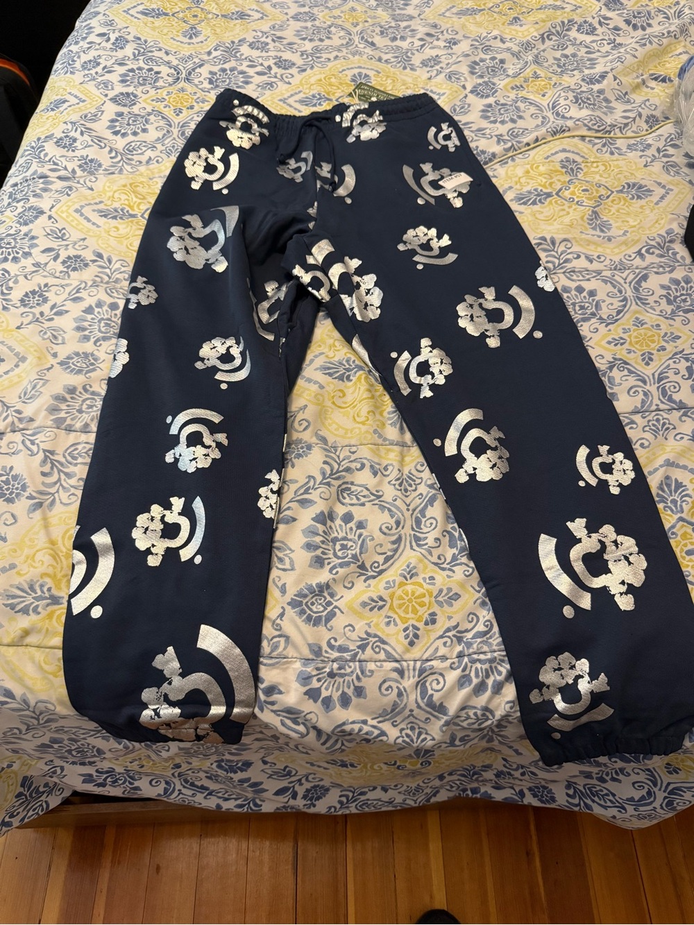 Boys Navy Jogger Sweatpants with Metallic Silver Print